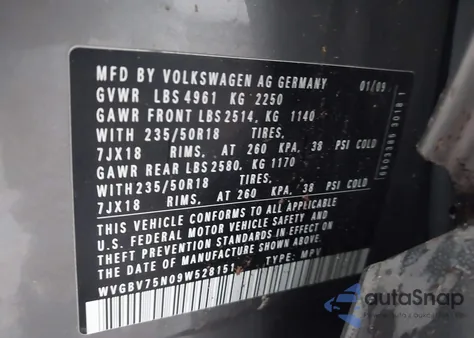 2009 Volkswagen Tiguan Sel из США, поврежденный, VIN WVGBV75N09W528151